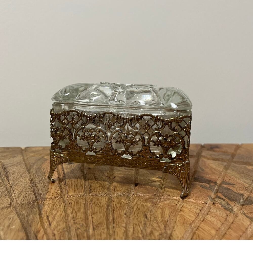 Vintage Glass Vanity Trinket Box/Soap Box with Filigree Metal Base and Legs